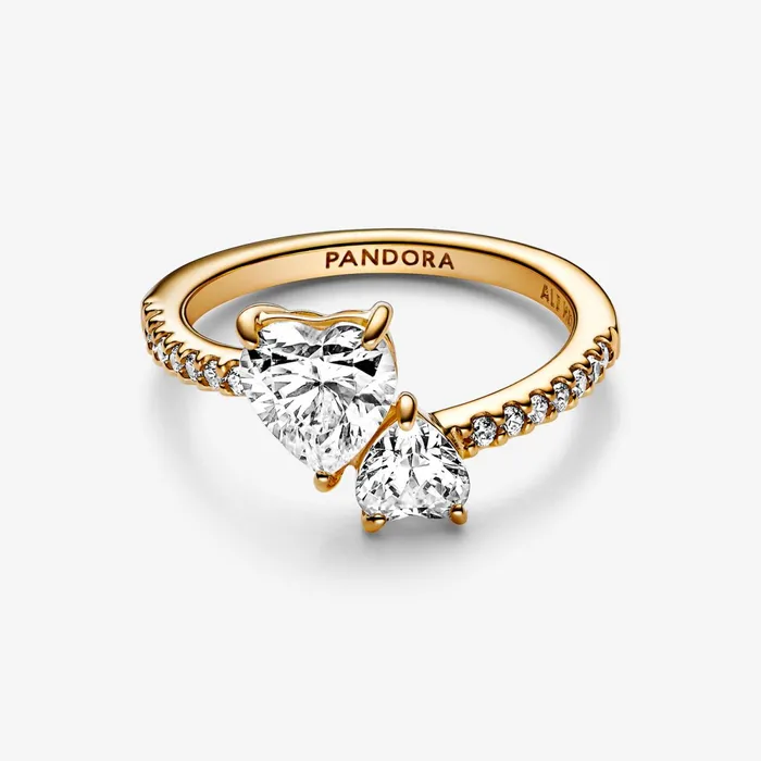 Stackable Rings Women Pandora Double Heart Sparkling Ring Gold Plated