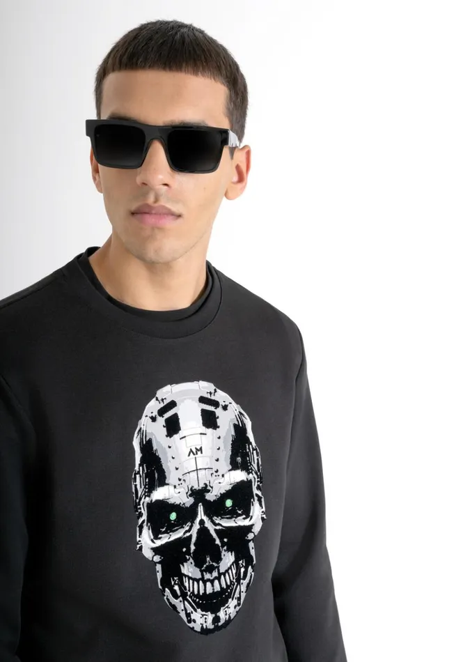 Sweatshirts Men Antony Morato Slim Fit Sweatshirt In Black Cotton Blend With Cyberg Skull Print Black