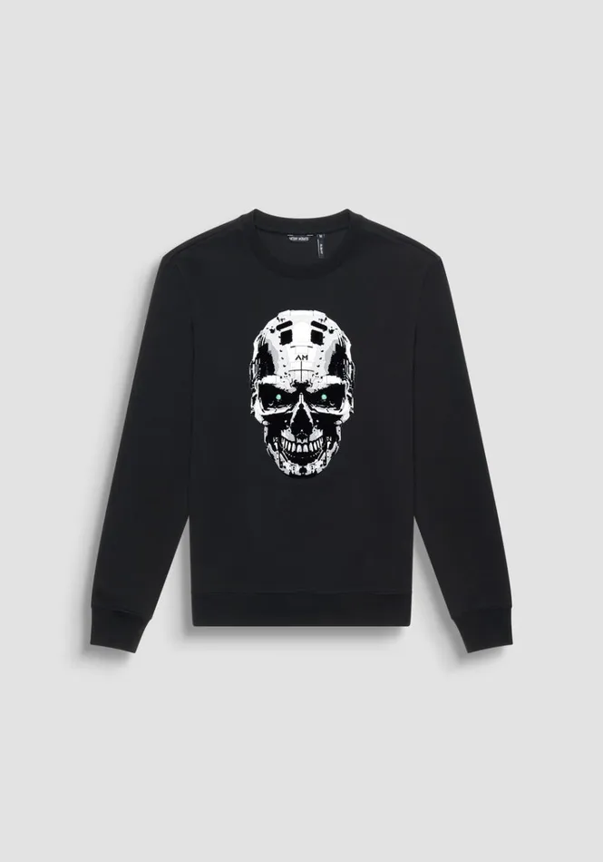Sweatshirts Men Antony Morato Slim Fit Sweatshirt In Black Cotton Blend With Cyberg Skull Print Black