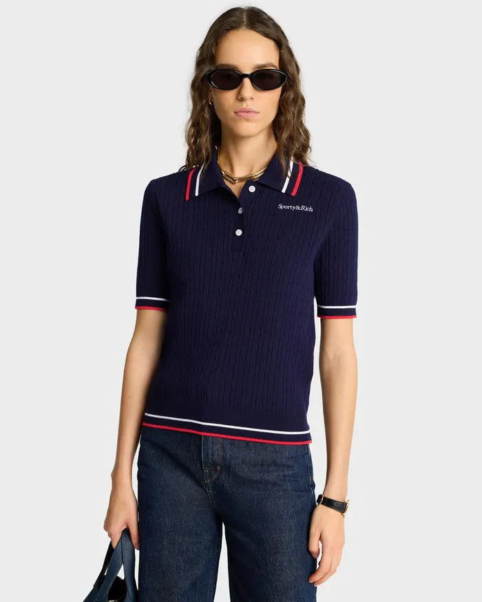 TShirts and Tops Women Sporty and Rich Serif Logo Mini Cable Polo 8211 NavyOff WhiteRed