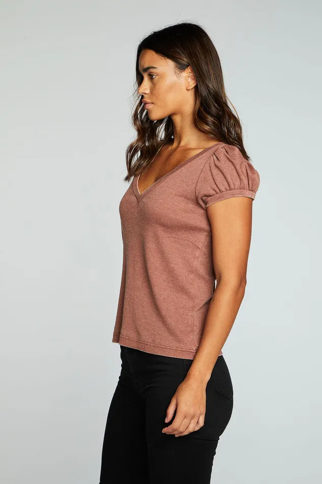 Tops Chaser Brand Womens Recycled Vintage Rib Deep V Puff Sleeve Tee