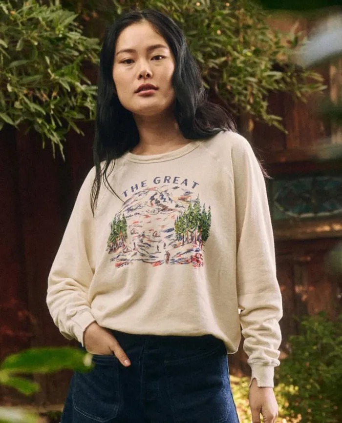 Tops Women039s The Great The College Sweatshirt Washed White With Woodsy Trail Graphic