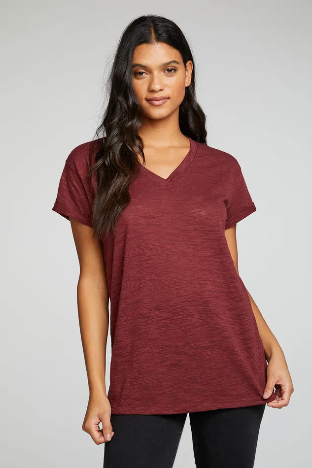 Tops Womens Chaser Brand Slub Jersey Roll Sleeve V Neck Tee