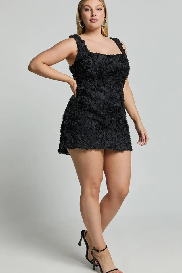 Tyra Mini Dress 8211 Square Neck 3D Floral Mini Dress In Black Women Showpo Curve Clothes