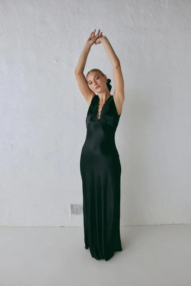 VRG GRL Tully Satin Maxi Dress Black Women MidiMaxi Dresses