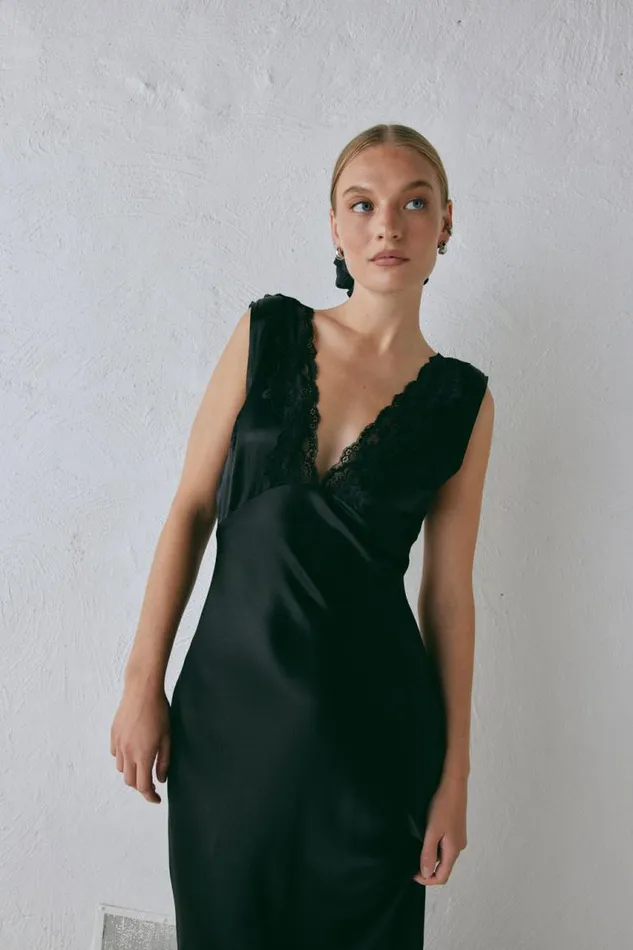 VRG GRL Tully Satin Maxi Dress Black Women MidiMaxi Dresses