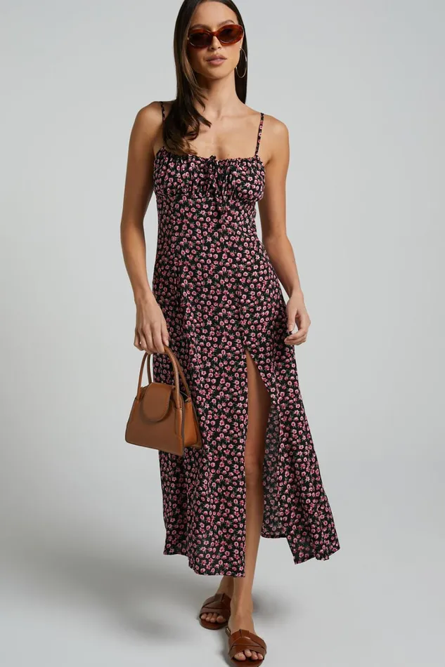 Willa Midi Dress 8211 Ruched Bust Thigh Split Dress In Black Floral Women Showpo Conscious