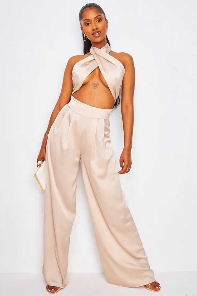 Women 2 Piece CoOrd Satin Set Wrap Top With Halter Neck Trousers In Beige Beige Brentiny Paris Satin Tops Women 2 Piece CoOrd Satin Set Wrap Top With Halter Neck Trousers In Beige Beige Brentiny Paris Satin Tops