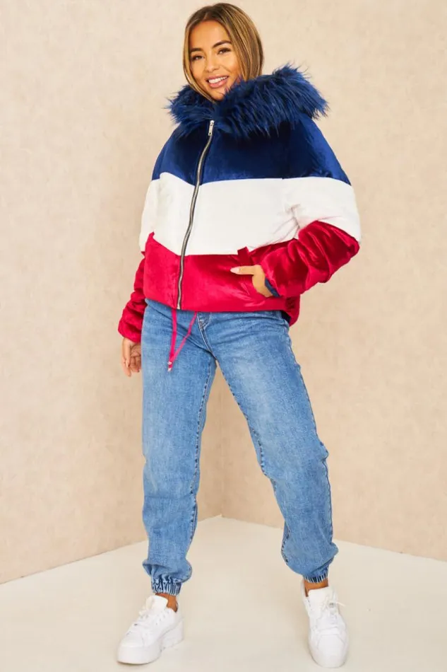 Women 3 Colour Velvet Puffer Jacket Blue Brentiny Paris Parkas And Down Jackets