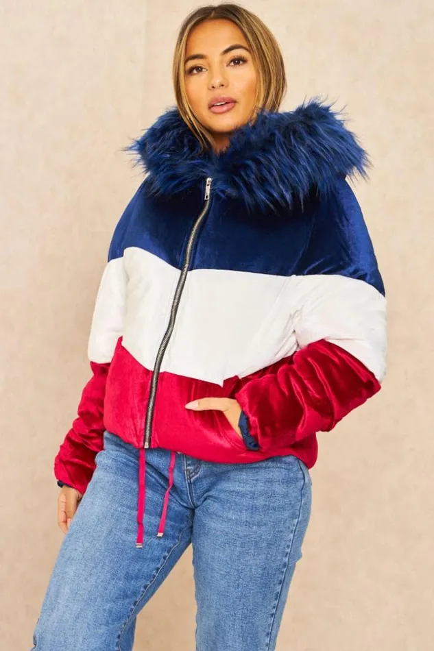 Women 3 Colour Velvet Puffer Jacket Blue Brentiny Paris Parkas And Down Jackets