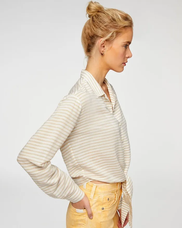 Women 7 For All Mankind Tops Long Sleeve Tie Front Shirt In Soft White 038 Tan Stripe