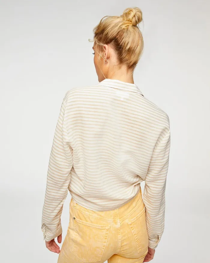 Women 7 For All Mankind Tops Long Sleeve Tie Front Shirt In Soft White 038 Tan Stripe