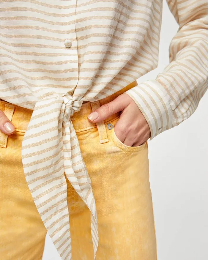 Women 7 For All Mankind Tops Long Sleeve Tie Front Shirt In Soft White 038 Tan Stripe