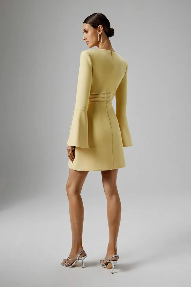 Women ALine Dresses Lavish Alice LARA Fluted Sleeve Micro Shell Button Mini Dress In Yellow Yellow