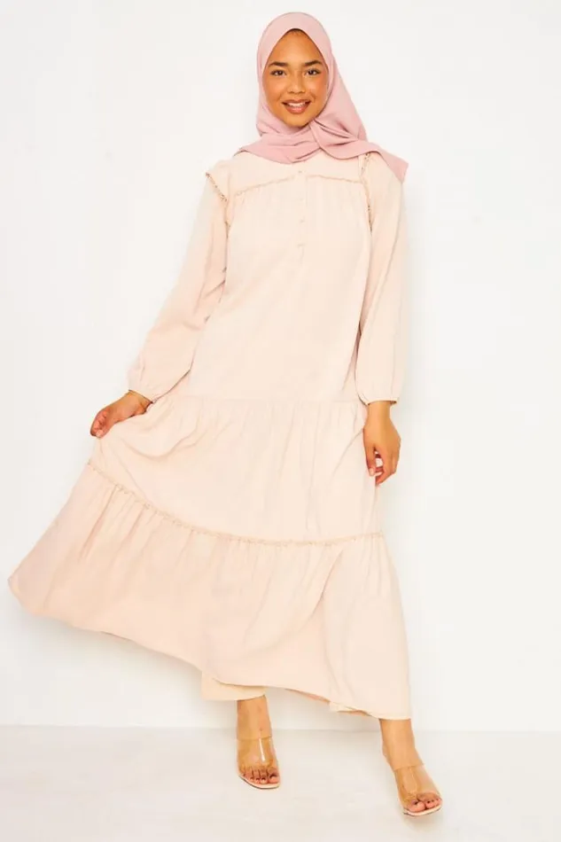 Women Abaya Maxi Dress With Crochet Trim Detail In Light Beige Beige Brentiny Paris Collection Ramadan