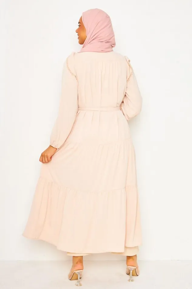 Women Abaya Maxi Dress With Crochet Trim Detail In Light Beige Beige Brentiny Paris Collection Ramadan