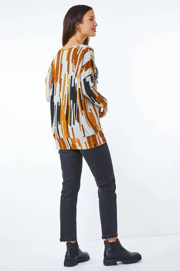 Women Amber Abstract Print Blouson Hem Top Roman Tops