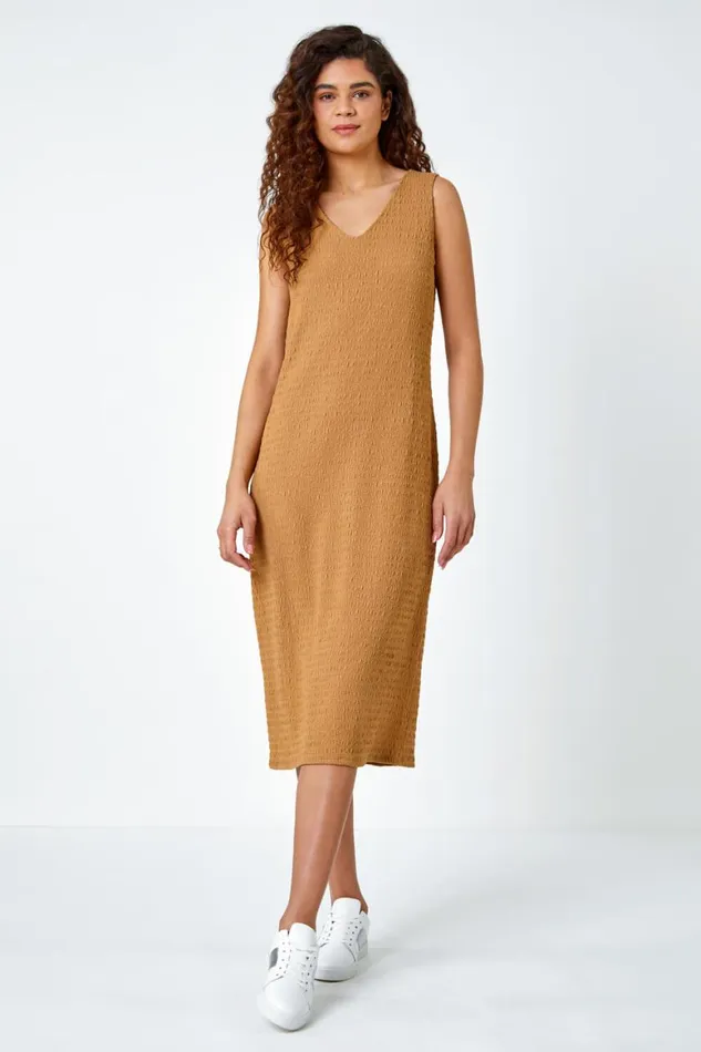 Women Biscuit Sleeveless Textured Midi Stretch Dress Roman Dresses