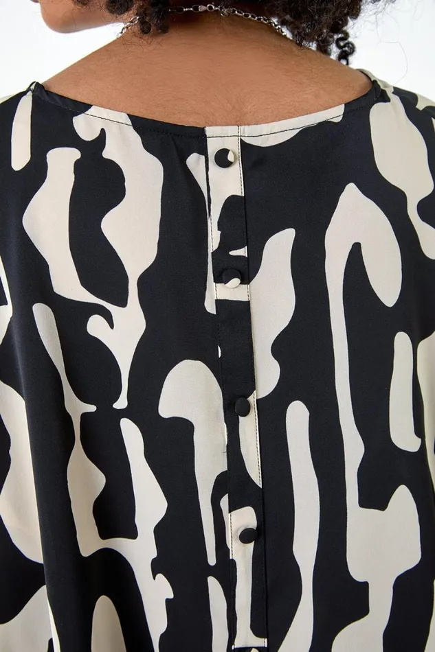 Women Black Abstract Animal Button Back Top Roman Tops