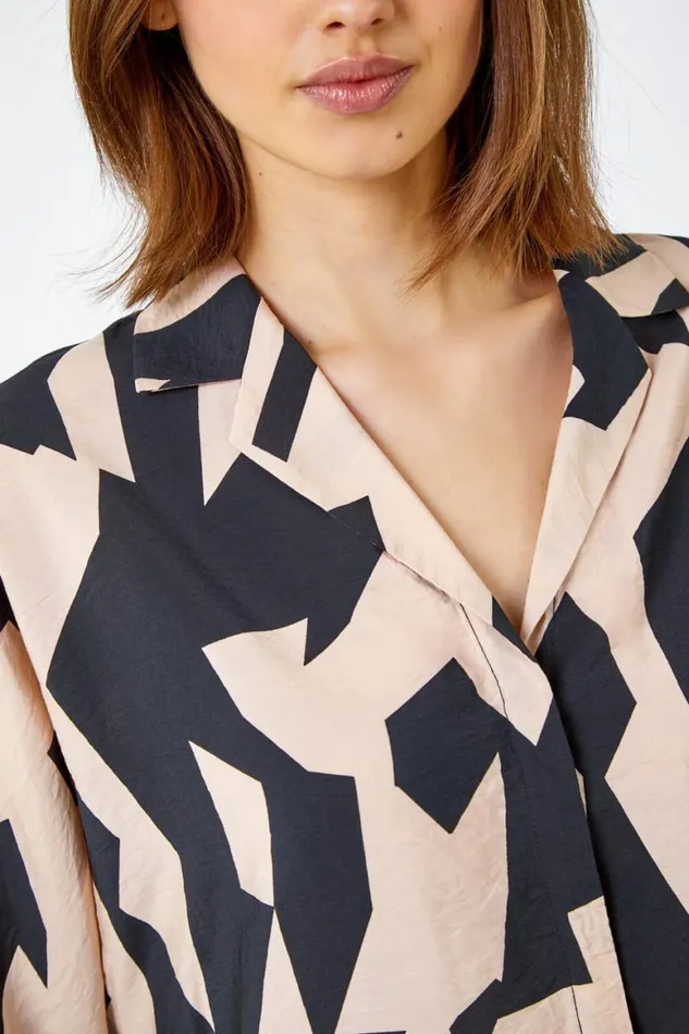 Women Black Abstract Print Collared Blouse Roman Tops