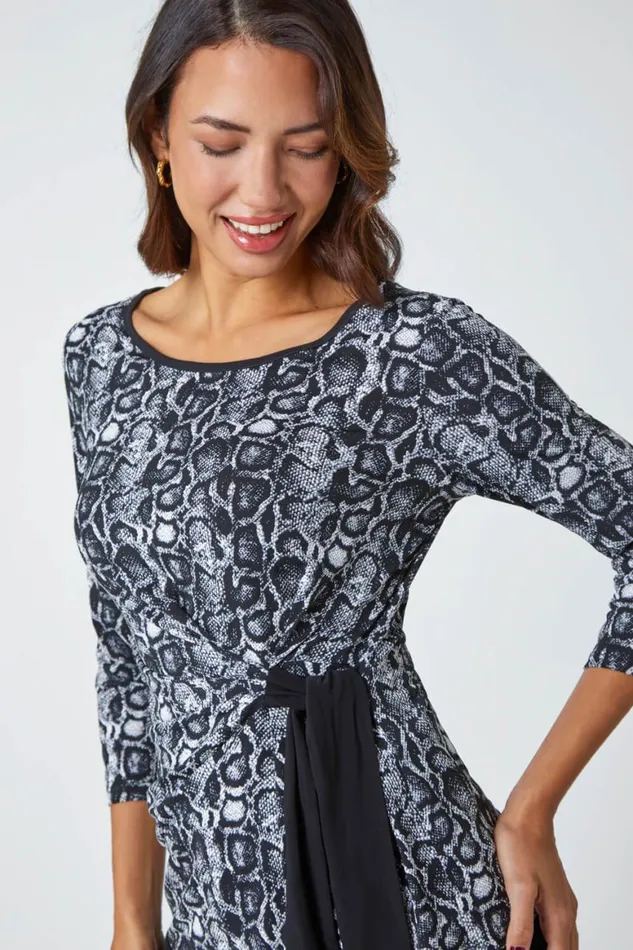Women Black Animal Print Side Tie Stretch Top Roman Tops