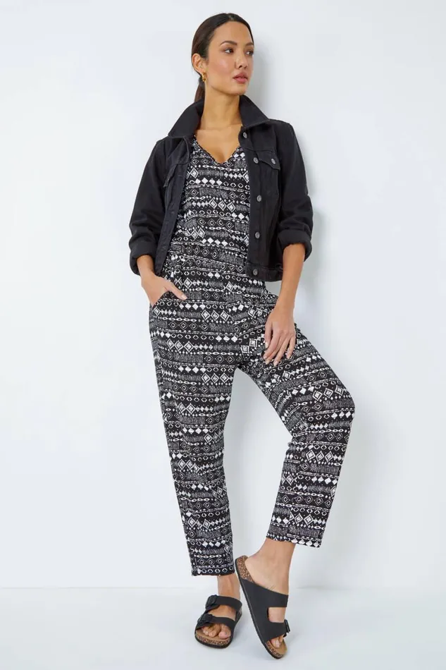 Women Black Aztec Print Stretch Jumpsuit Roman Dresses