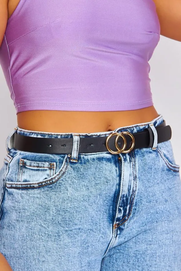 Women Black Belt With Double Golden Circles Black Brentiny Paris Belts