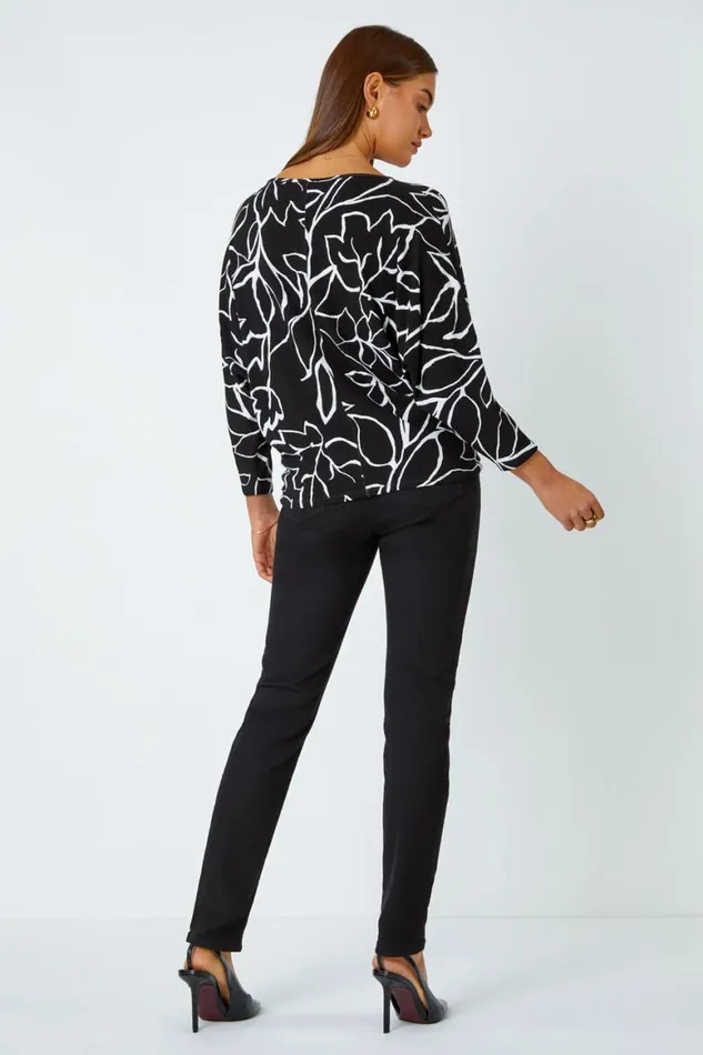 Women Black Contrast Floral Linear Print Stretch Top Roman Tops