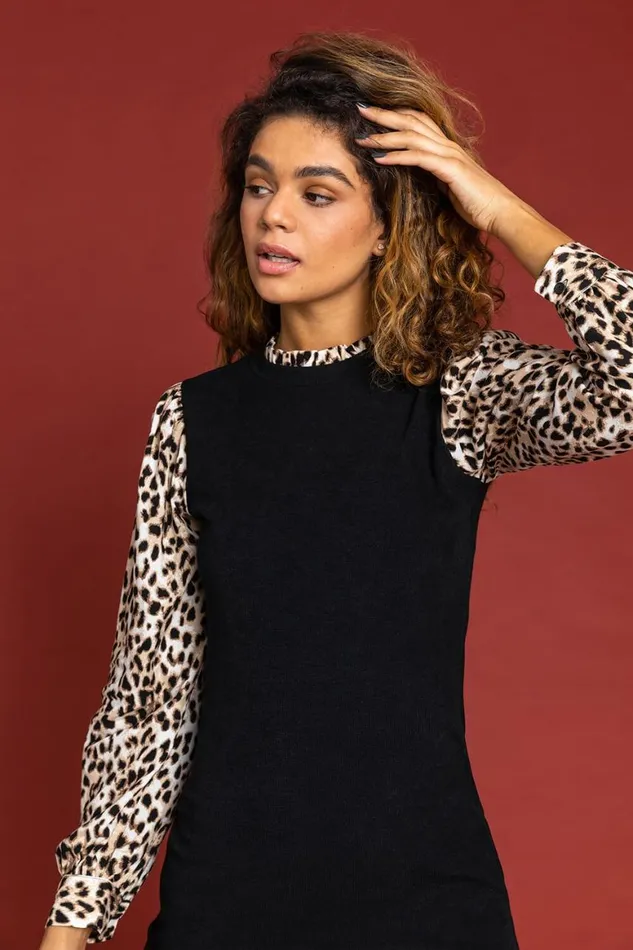 Women Black Contrast Leopard Print Sleeve Jumper Dress Roman Dresses