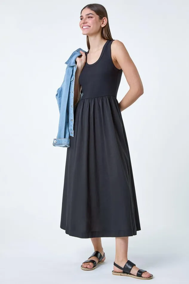 Women Black Cotton Stretch Jersey Mix Midi Dress Roman Dresses