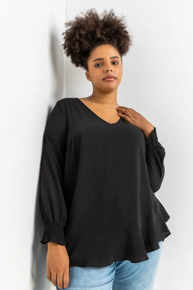 Women Black Curve Frill Hem Shirred Long Sleeve Chiffon Top Roman Tops