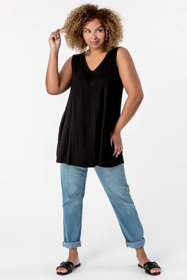 Women Black Curve Plain VNeck Vest Top Roman Tops