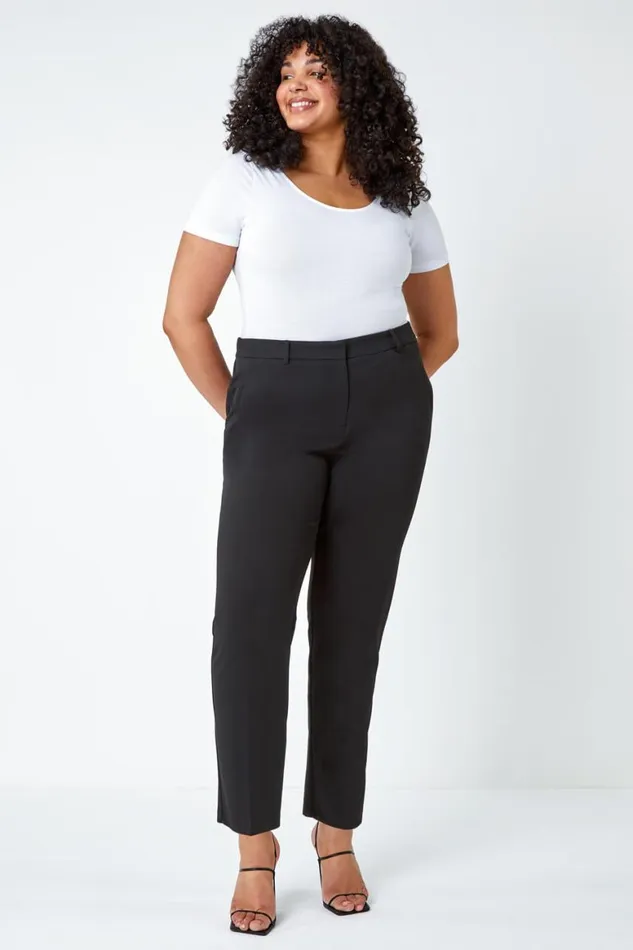 Women Black Curve Straight Smart Trousers Roman Trousers