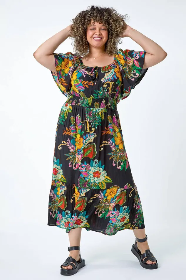 Women Black Curve Tropical Crinkle Shirred Midi Dress Roman Dresses