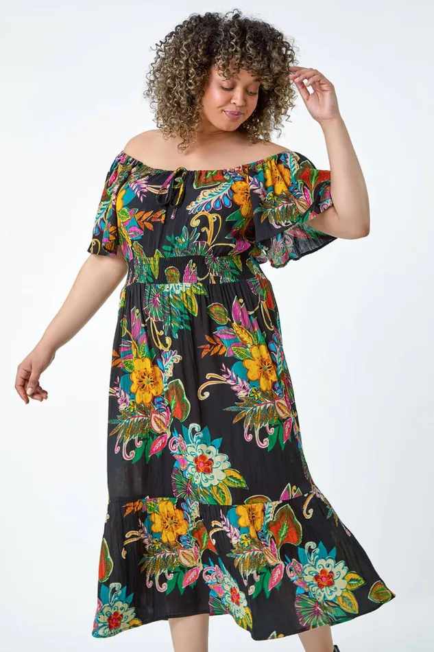 Women Black Curve Tropical Crinkle Shirred Midi Dress Roman Dresses