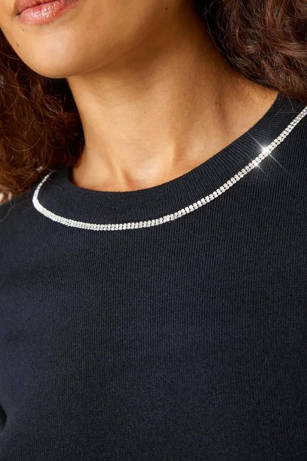 Women Black Diamante Trim Knitted Top and Scarf Roman Tops
