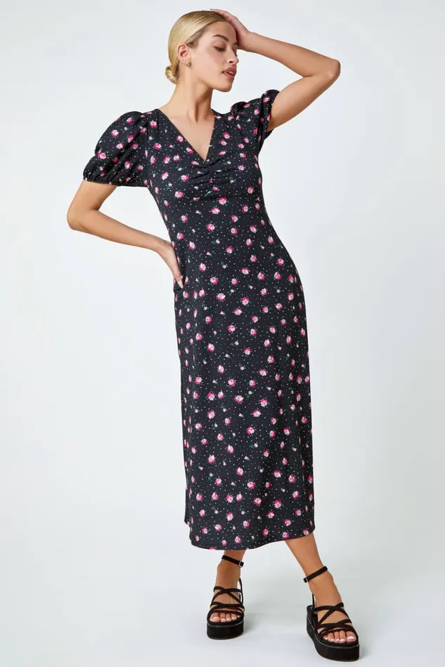 Women Black Ditsy Floral Print Lace Back Midi Dress Roman Dresses