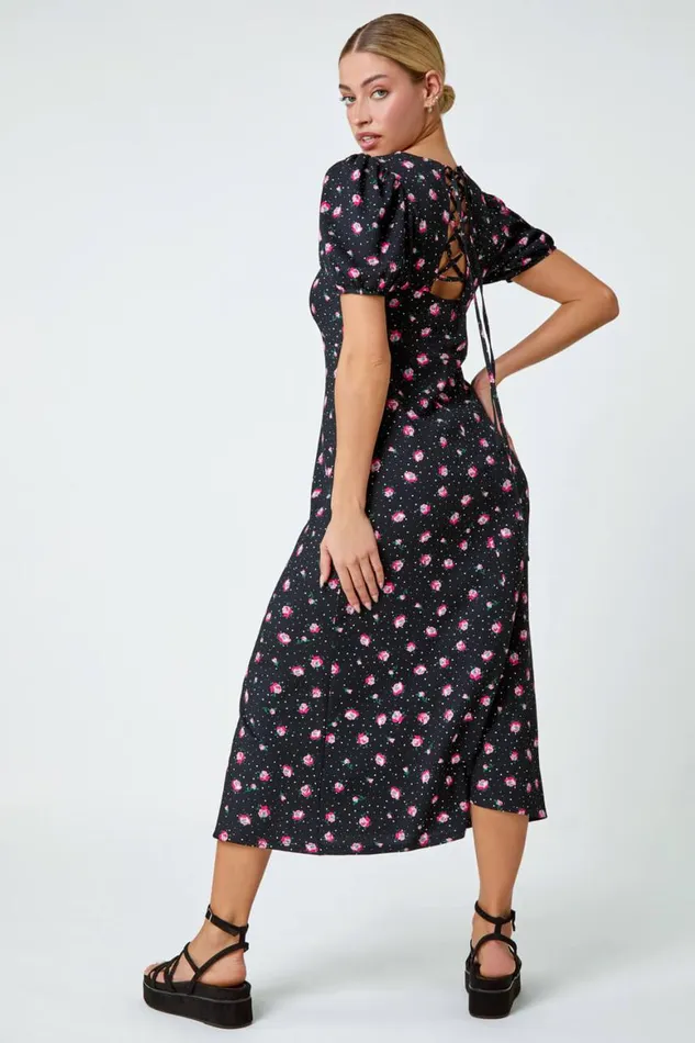 Women Black Ditsy Floral Print Lace Back Midi Dress Roman Dresses