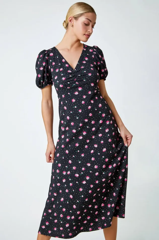Women Black Ditsy Floral Print Lace Back Midi Dress Roman Dresses