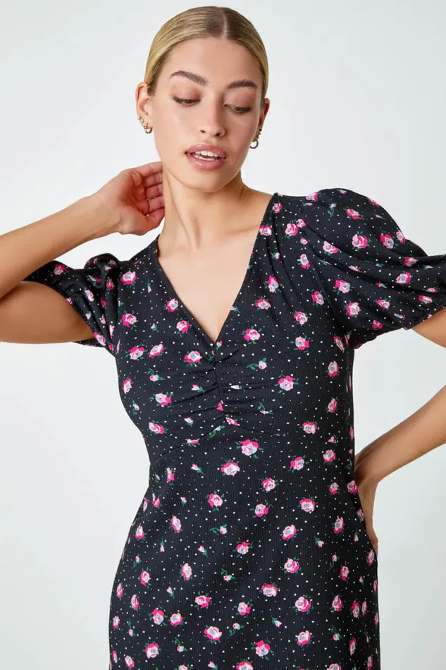 Women Black Ditsy Floral Print Lace Back Midi Dress Roman Dresses