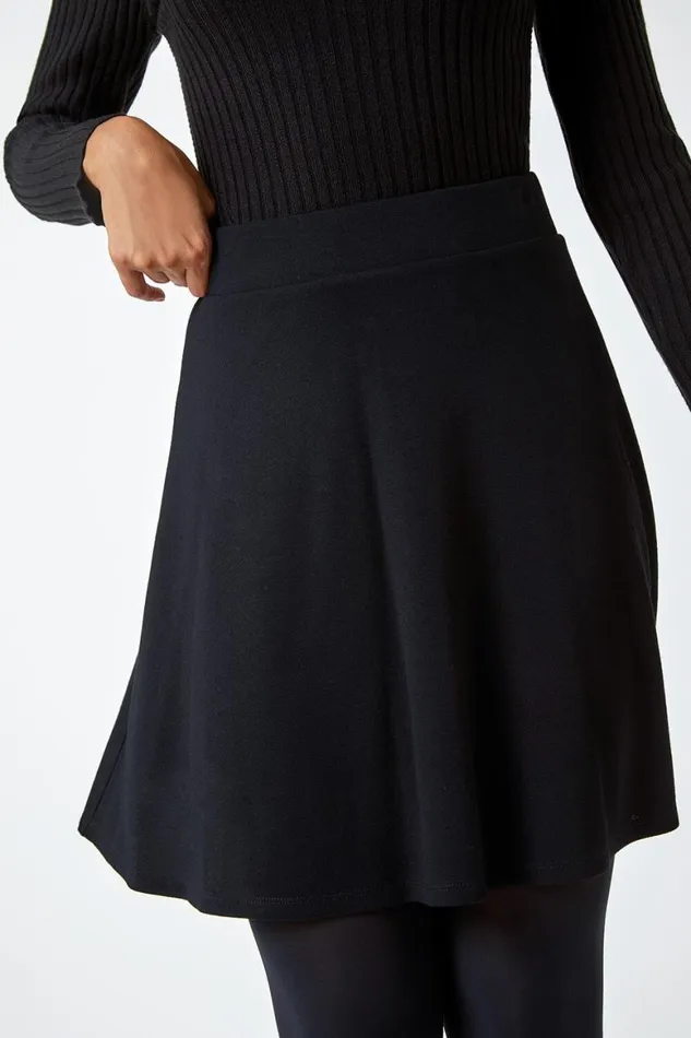 Women Black Elastic Waist Stretch A Line Skater Skirt Roman Skirts