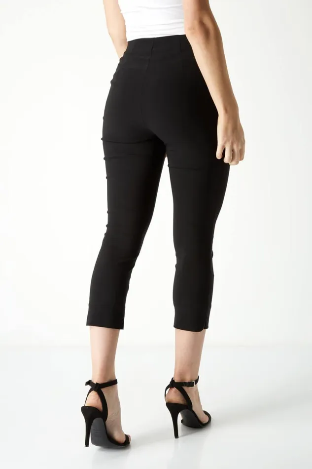 Women Black Elastic Waist Stretch Cropped Trousers Roman Occasionwear