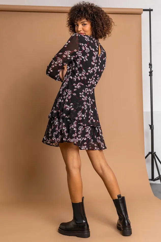 Women Black Floral Chiffon Tiered High Neck Dress Roman Dresses