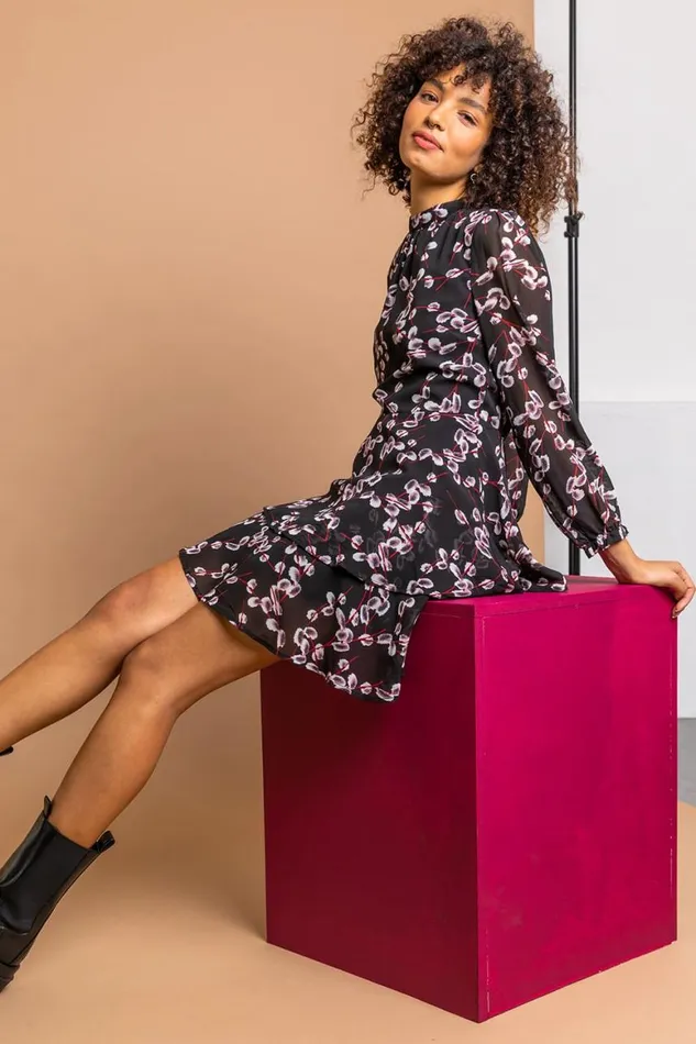 Women Black Floral Chiffon Tiered High Neck Dress Roman Dresses