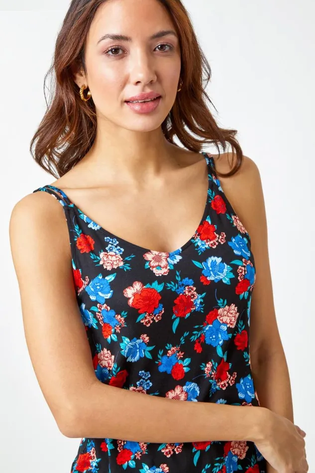 Women Black Floral Print Jersey VNeck Cami Roman Tops