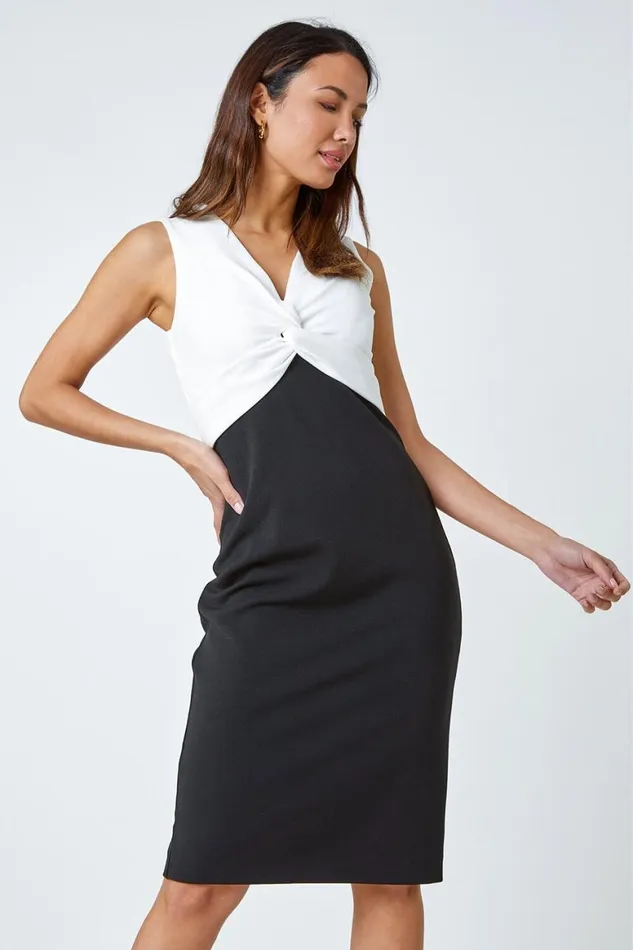 Women Black Knot Detail Premium Stretch Midi Dress Roman Dresses