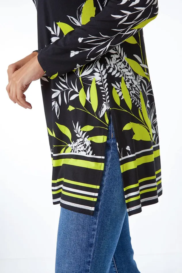 Women Black Leaf Border Print Stretch Tunic Roman Tops