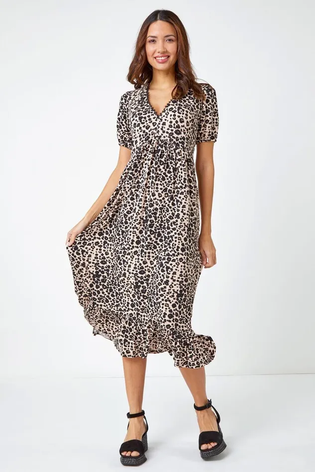 Women Black Leopard Print Lace Trim Midi Dress Roman Dresses