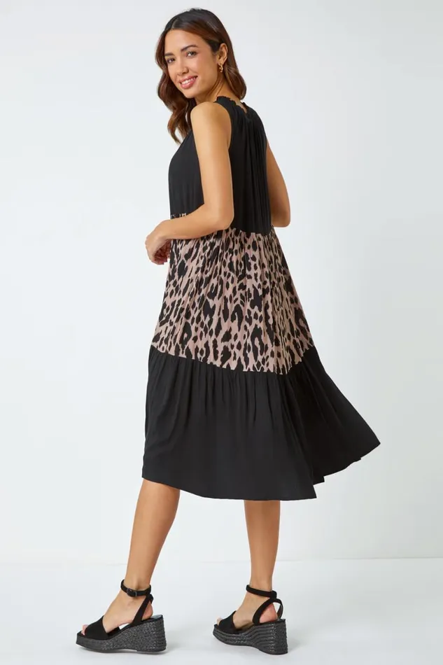 Women Black Leopard Print Panel Smock Dress Roman Dresses