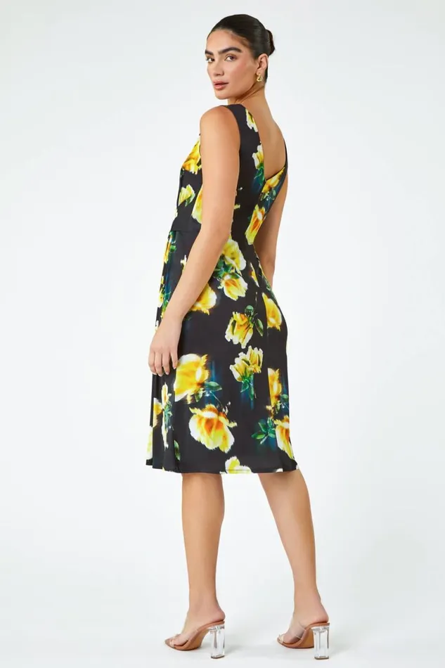 Women Black LIMITED Floral Twist Detail Ruched Dress Roman Dresses